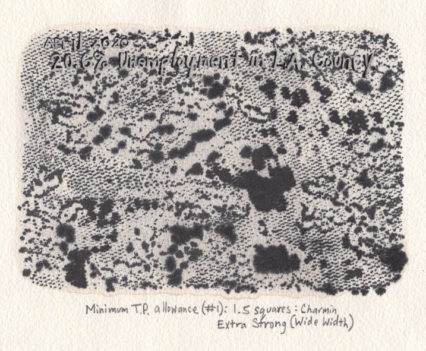 April 2020; 20.6% Unemployment in L.A. County; Minimum T.P. allowance (#1): 1.5 squares: Charmin Extra Strong (Wide Width). Ink blot.