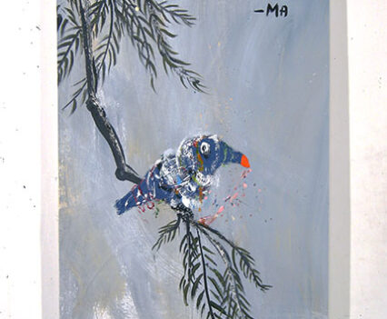 Messy blue bird on branch. Text: You used a lot of kung fu to do that.-Ma