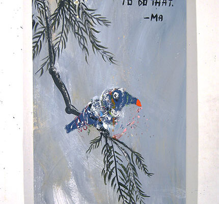 Messy blue bird on branch. Text: You used a lot of kung fu to do that.-Ma