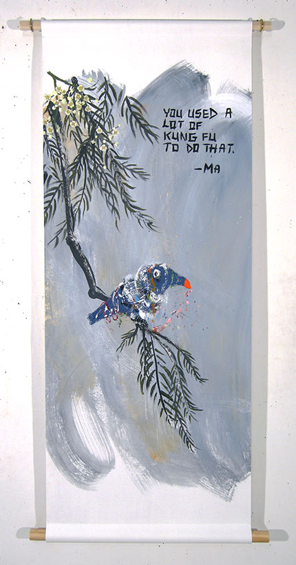 Messy blue bird on branch. Text: You used a lot of kung fu to do that.-Ma