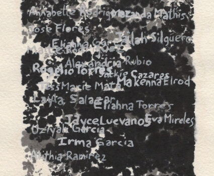 Ink blots with names of Tops Market shooting victims. Graphite caption: crossed-out list of grocery items and I'm forgetting something.