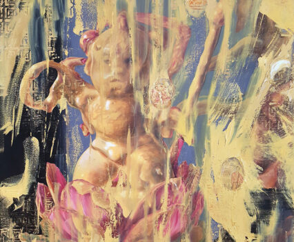 Cheese covered Asian god on a lotus flower, with small oval images inset with yellow smears.