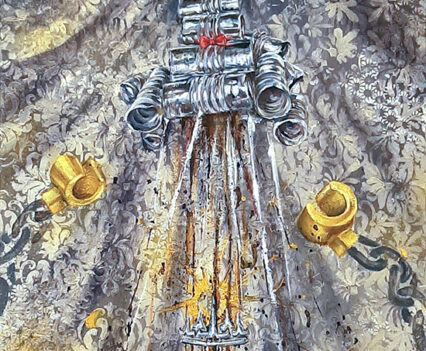 Queen Musk with chains for arms and a silver hair curler crown rocketing off her head