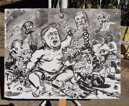 Giant Baby-in-Chief and Battery slinky monster wrecking havoc and destroying everything while sitting on piles of money.